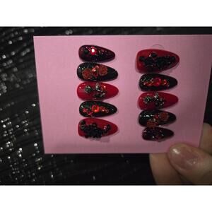 Black and red roses and bling nails custom made